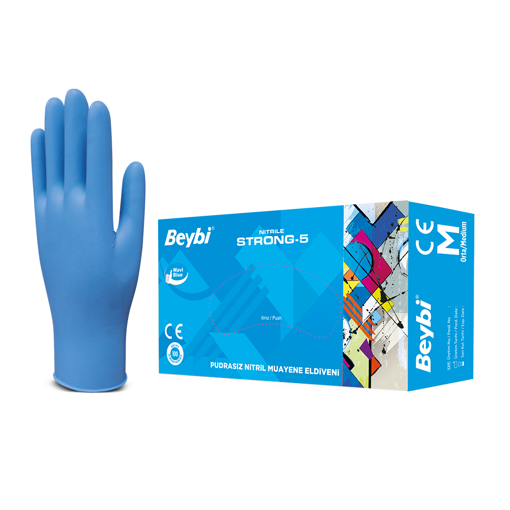 Strong-5 Powder Free Blue Nitrile Examination Gloves - Box of 100